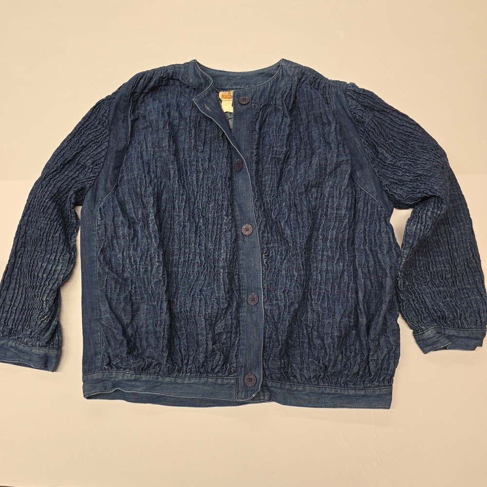 Vintage BIS BIS Denim Textured Jacket Medium Blue Button Front Long Sleeve‎